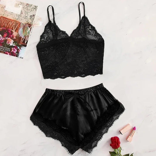 2025 Summer 2 Pcs Women's New Sexy Lace See - Through Pajamas Black Pink Cute Clothes Comfortable Breathable Suspender Shorts Set - Avero
