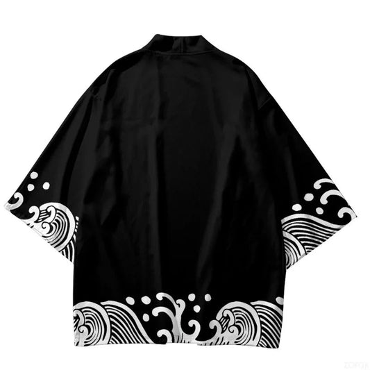 2025 Summer Style Wave Printed Kimono Men's Open Collar Role Playing Streetwear Black Top - Avero