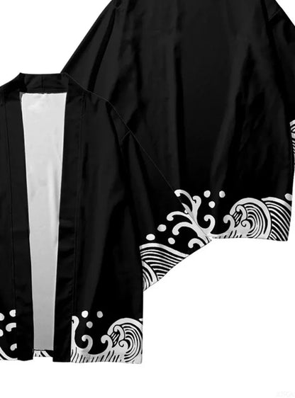 2025 Summer Style Wave Printed Kimono Men's Open Collar Role Playing Streetwear Black Top - Avero