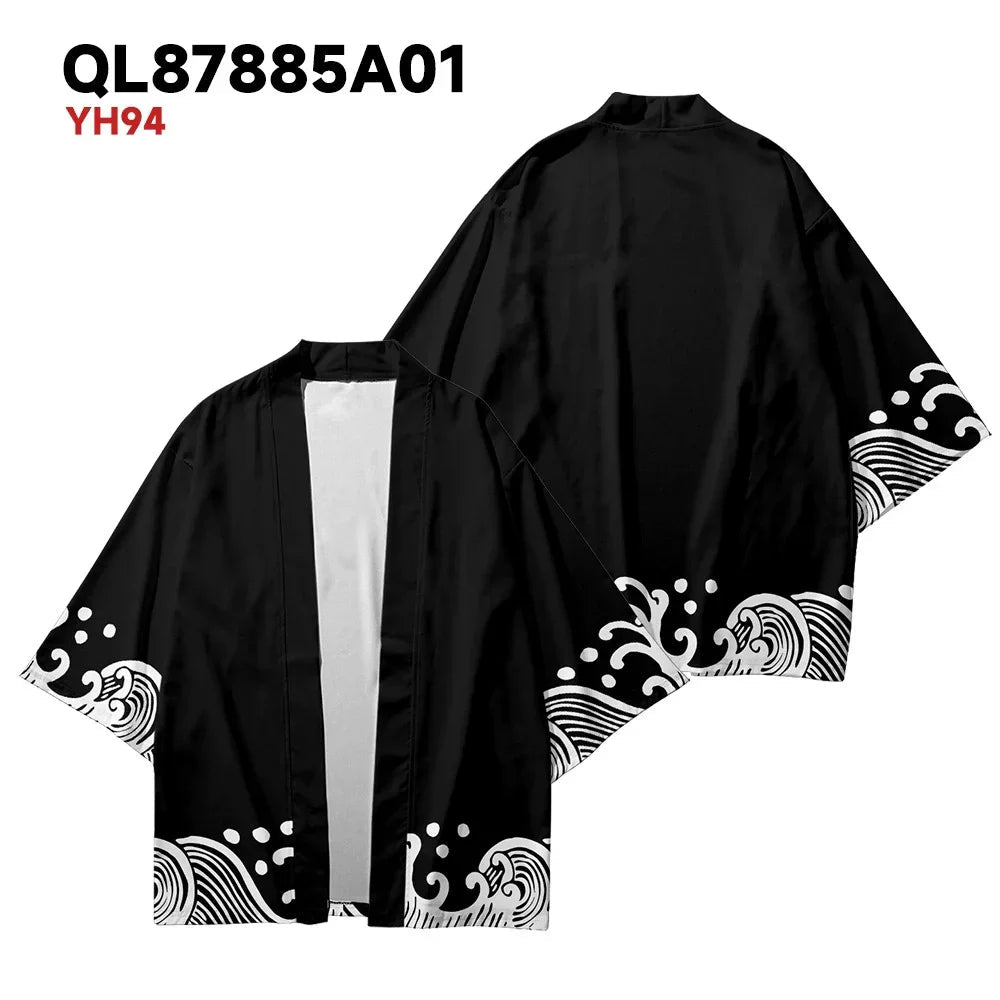 2025 Summer Style Wave Printed Kimono Men's Open Collar Role Playing Streetwear Black Top - Avero
