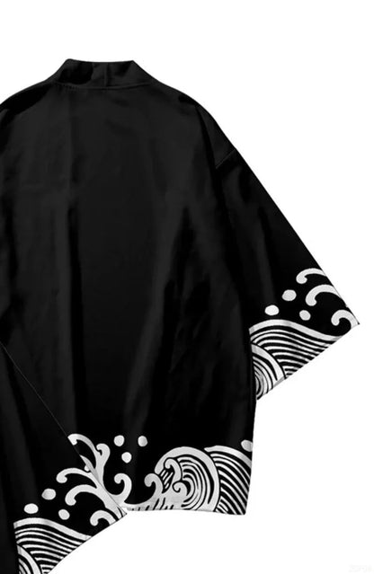 2025 Summer Style Wave Printed Kimono Men's Open Collar Role Playing Streetwear Black Top - Avero
