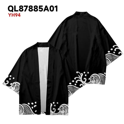 2025 Summer Style Wave Printed Kimono Men's Open Collar Role Playing Streetwear Black Top - Avero
