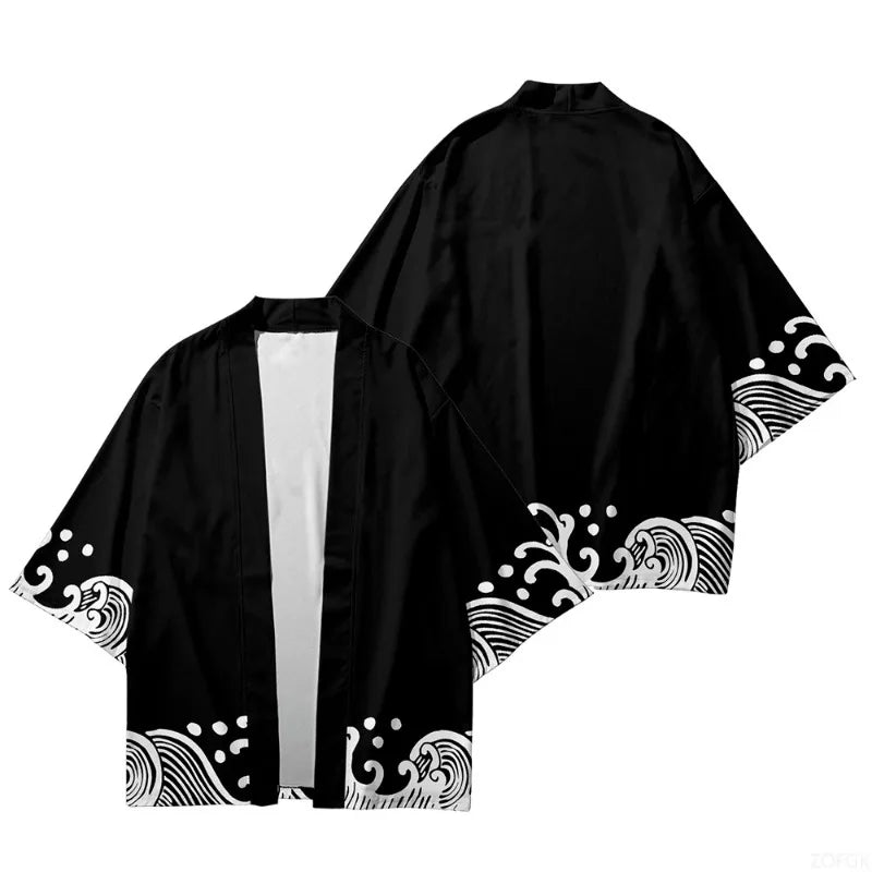 2025 Summer Style Wave Printed Kimono Men's Open Collar Role Playing Streetwear Black Top - Avero