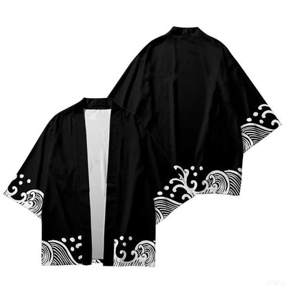 2025 Summer Style Wave Printed Kimono Men's Open Collar Role Playing Streetwear Black Top - Avero