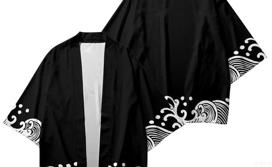 2025 Summer Style Wave Printed Kimono Men's Open Collar Role Playing Streetwear Black Top - Avero