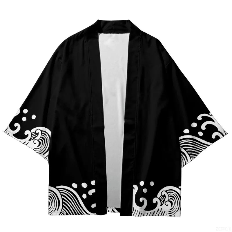 2025 Summer Style Wave Printed Kimono Men's Open Collar Role Playing Streetwear Black Top - Avero