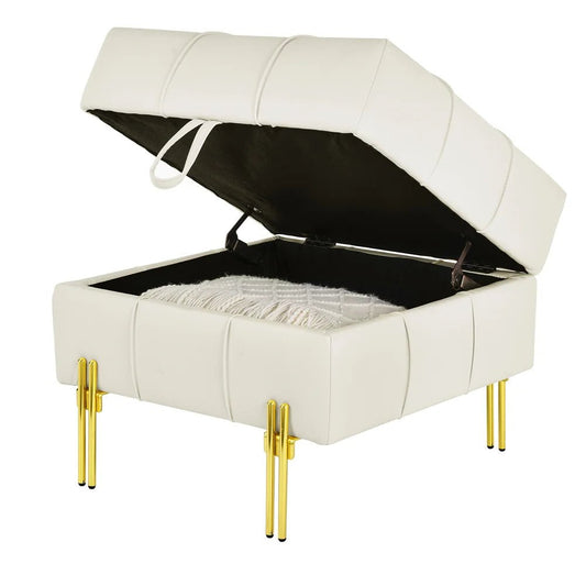 22 - inch leather surface storage stool, gold stainless steel legs, simple design bench, beige. - Avero