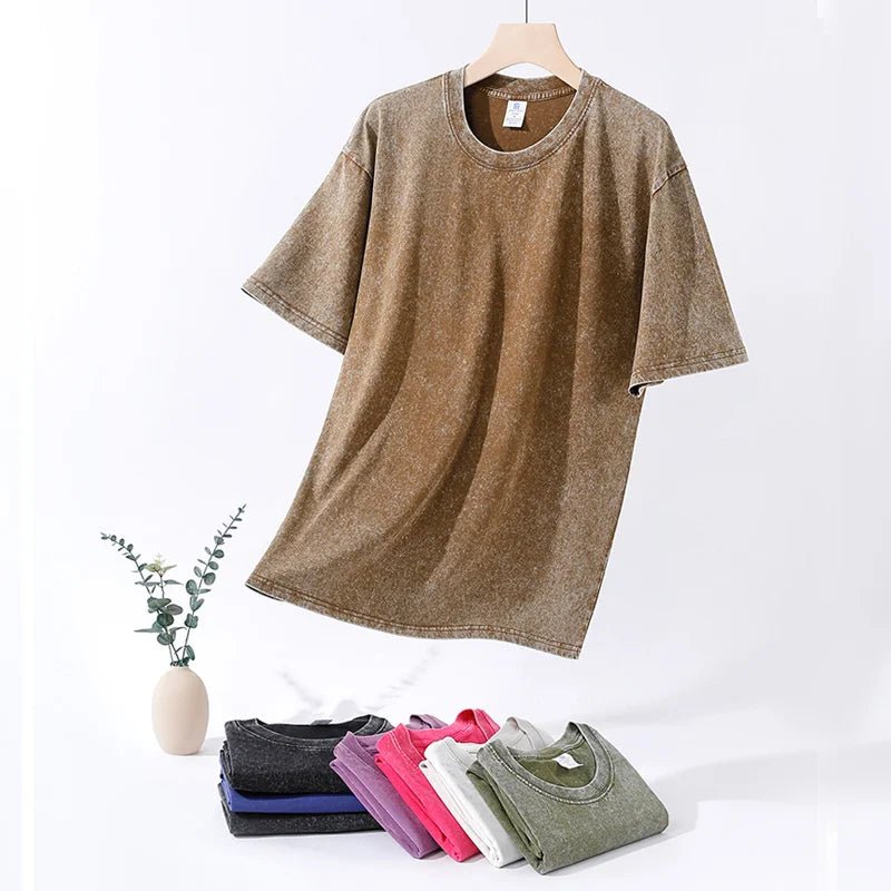 250gsm Men's Washed Vintage T-Shirts Street Hip Hop Retro Punk T Shirt Women Harajuku Casual Cotton Short Sleeve Acid Wash Tops - Avero