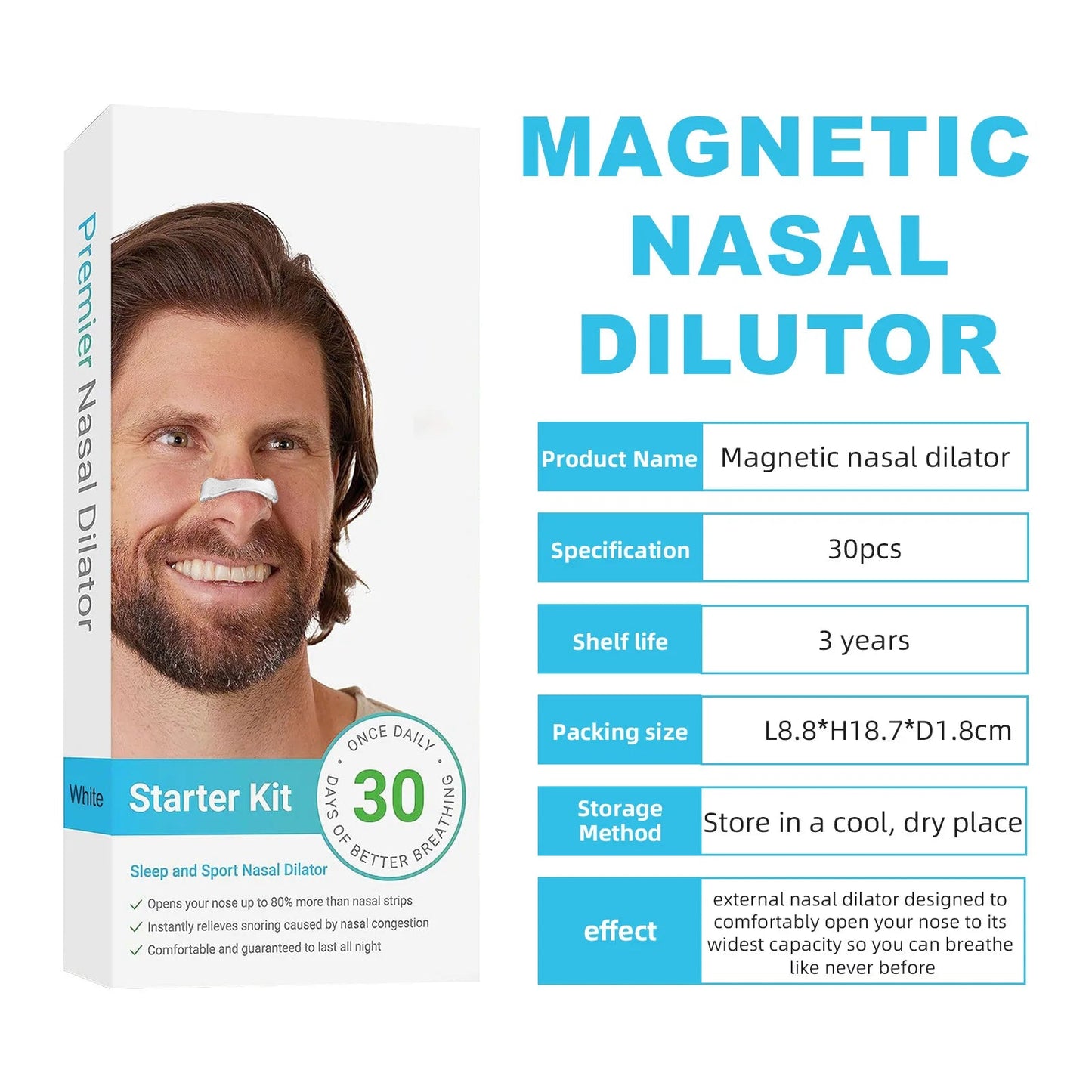 30Days/Box Sport Nasal Dilator Sleep Aid Magnetic Nose Strips Breathing Dilators Starter Kit for Snoring Reduction - Avero