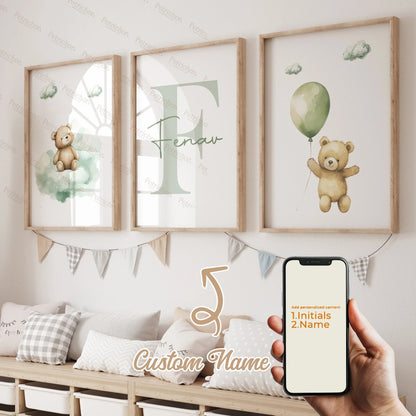 3pcs Green Dream Bear Balloon Name Customization Wall Art Prints Canvas Painting Poster Picture For Living Bed Room Home Decor - Avero