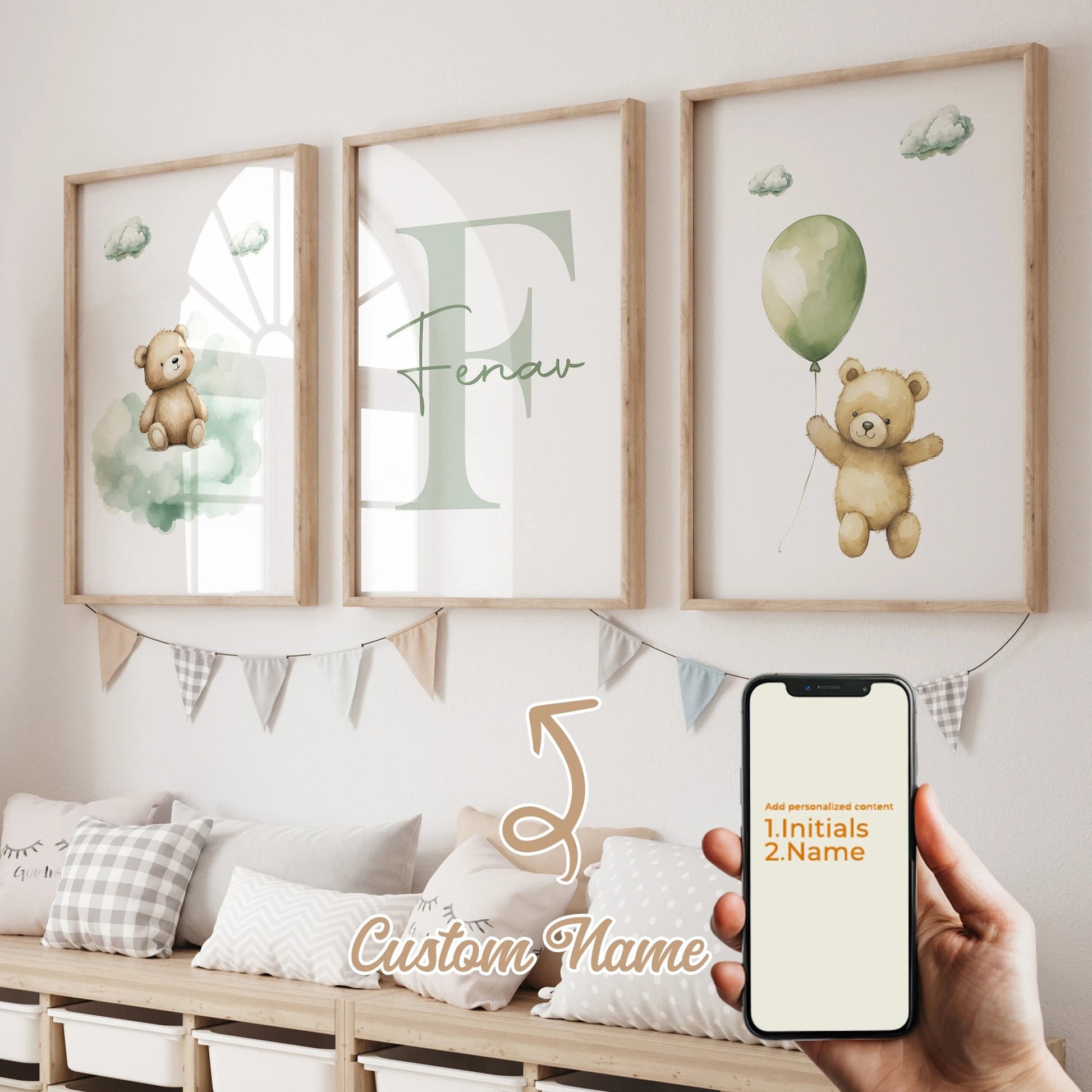 3pcs Green Dream Bear Balloon Name Customization Wall Art Prints Canvas Painting Poster Picture For Living Bed Room Home Decor - Avero