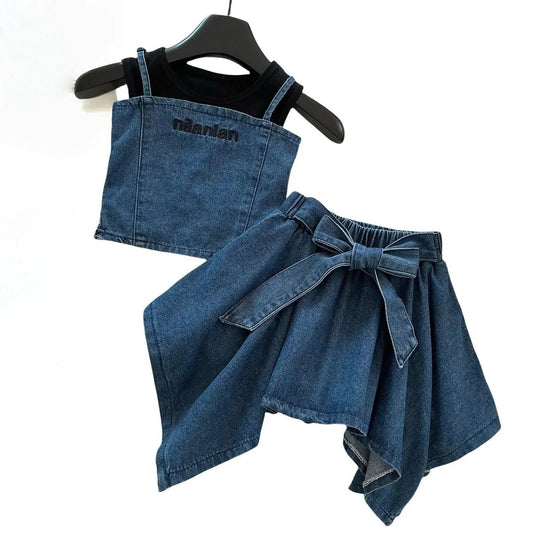 3PCS Summer Fashion Denim Style Toddler Girl Denim Set Embroidered Top & Skirt Cute Trendy Outfit 2 - 10 Years Old Girls Outfit - Avero