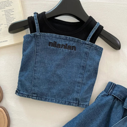 3PCS Summer Fashion Denim Style Toddler Girl Denim Set Embroidered Top & Skirt Cute Trendy Outfit 2 - 10 Years Old Girls Outfit - Avero