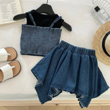3PCS Summer Fashion Denim Style Toddler Girl Denim Set Embroidered Top & Skirt Cute Trendy Outfit 2 - 10 Years Old Girls Outfit - Avero