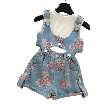 3PCS Summer Floral Girls Denim Tops Overalls Set with Thin Inner T-shirt Outfit for 2 - 10 Years Children Girls Cool Outfit - Avero