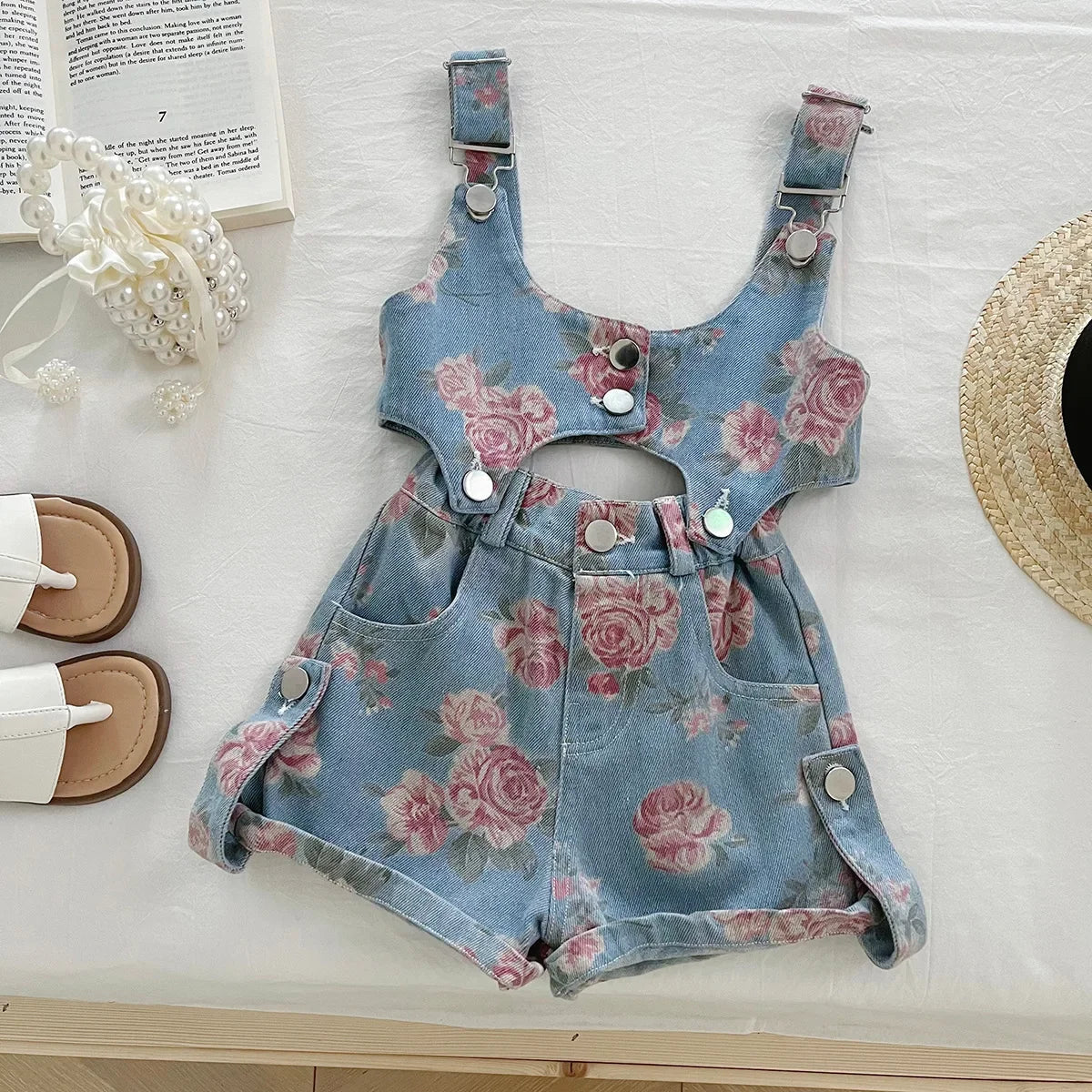 3PCS Summer Floral Girls Denim Tops Overalls Set with Thin Inner T-shirt Outfit for 2 - 10 Years Children Girls Cool Outfit - Avero