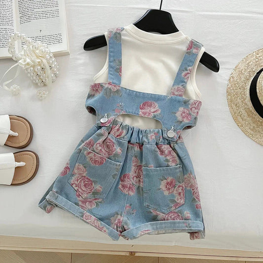 3PCS Summer Floral Girls Denim Tops Overalls Set with Thin Inner T-shirt Outfit for 2 - 10 Years Children Girls Cool Outfit - Avero