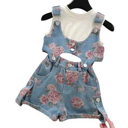 3PCS Summer Floral Girls Denim Tops Overalls Set with Thin Inner T-shirt Outfit for 2 - 10 Years Children Girls Cool Outfit - Avero