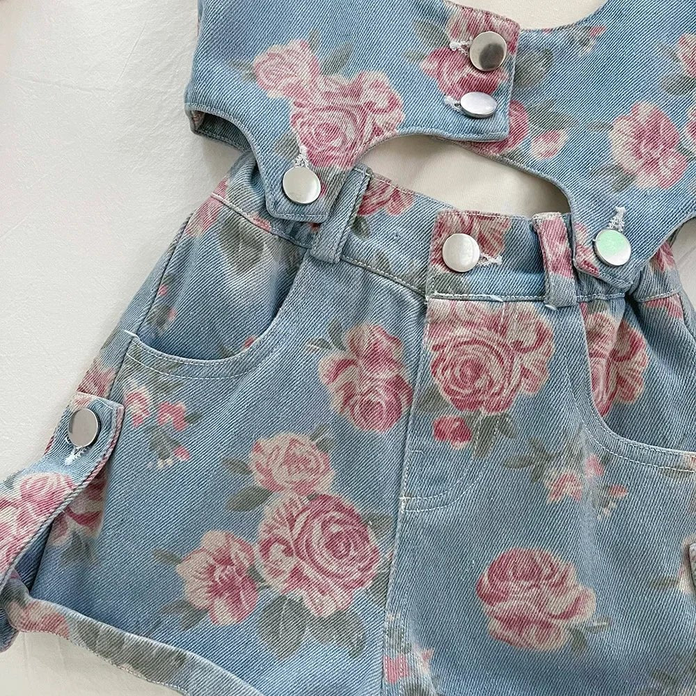 3PCS Summer Floral Girls Denim Tops Overalls Set with Thin Inner T-shirt Outfit for 2 - 10 Years Children Girls Cool Outfit - Avero