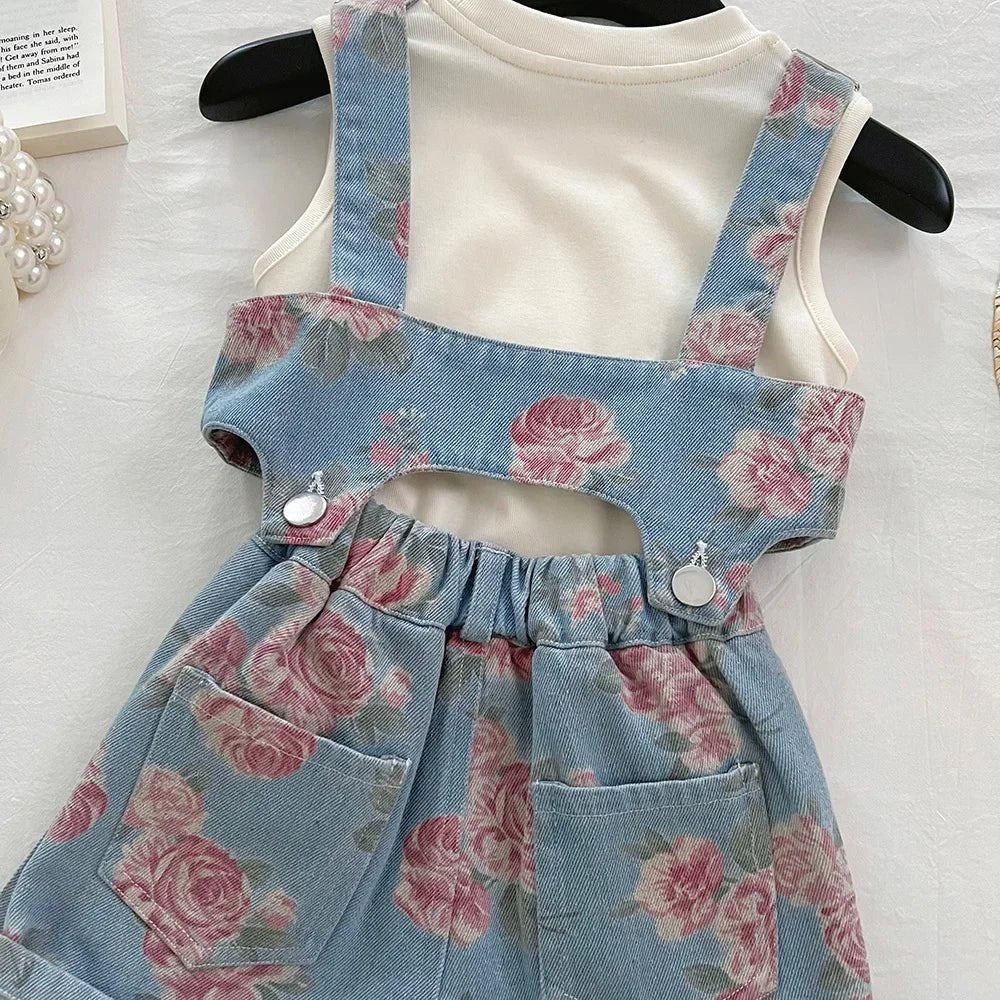 3PCS Summer Floral Girls Denim Tops Overalls Set with Thin Inner T-shirt Outfit for 2 - 10 Years Children Girls Cool Outfit - Avero