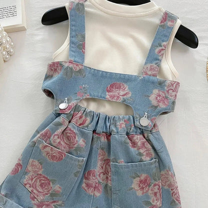 3PCS Summer Floral Girls Denim Tops Overalls Set with Thin Inner T-shirt Outfit for 2 - 10 Years Children Girls Cool Outfit - Avero