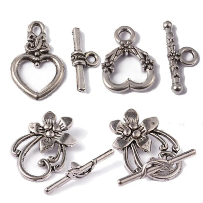 5 Sets Antique Silver OT Clasp Toggle End Closure Flower Heart Connector Ring For DIY Bracelet Necklace Jewelry Making Accessory - Avero