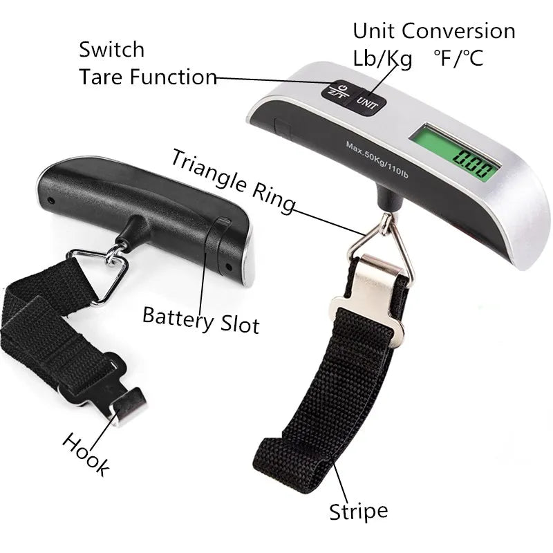 50kg Portable Hanging Scale Electronic Hand Luggage Scale Digital Display Suitcase 110lb Travel Baggage Bag Weighing Tools - Avero