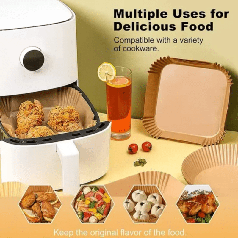 50Pcs Disposable Air Fryer Paper Oil Absorbing And Anti Oil Paper Tray Non Stick Baking Pad Large Toughness Square - Avero