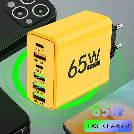 65W USB Phone Charger 6 Ports Type C Fast Charging QC3.0 for Iphone Samsung Xiaomi EU/US Plug Quick Charge Wall Chargers Adapter - Avero