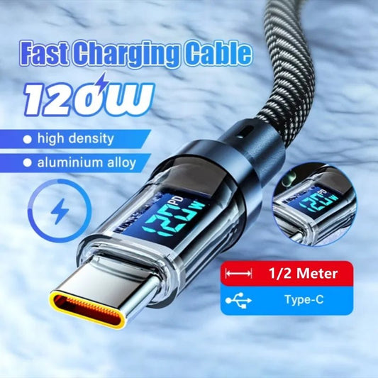 6A USB Type C Cable PD Cable Fast Charging 120W LED Digital Display Nylon Data Cord for iPhone Xiaomi Samsung USB C Charge Cable - Avero