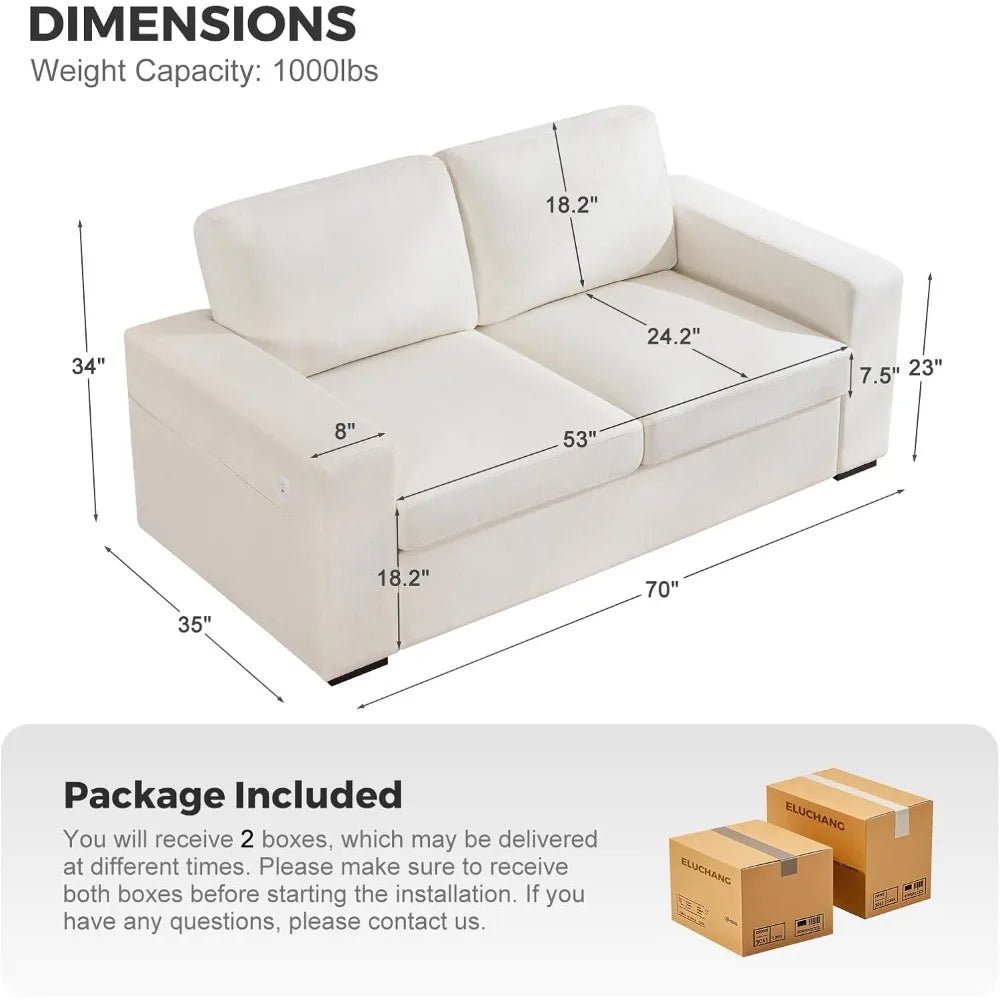 70" Sofa Couch for Living Room, Deep Seat Sofa with USB/Type - C Port, Side Pockets, Removable Cover, Comfy 2 - Seats Loveseat - Avero