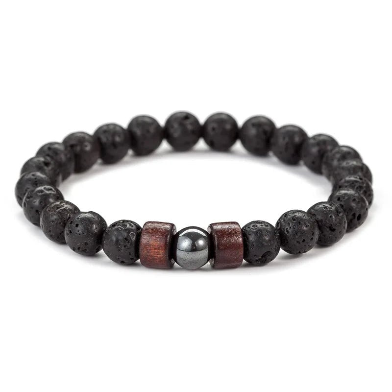 8mm Volcanic Stone Bracelet for Men Lava Wooden Beads Bracelet Tibetan Buddha Male Wrist Chain Jewelry Handmade Elastic Bracelet - Avero