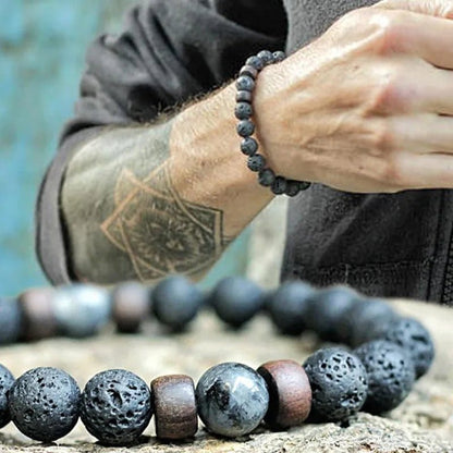 8mm Volcanic Stone Bracelet for Men Lava Wooden Beads Bracelet Tibetan Buddha Male Wrist Chain Jewelry Handmade Elastic Bracelet - Avero