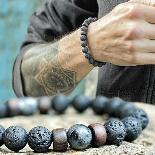 8mm Volcanic Stone Bracelet for Men Lava Wooden Beads Bracelet Tibetan Buddha Male Wrist Chain Jewelry Handmade Elastic Bracelet - Avero