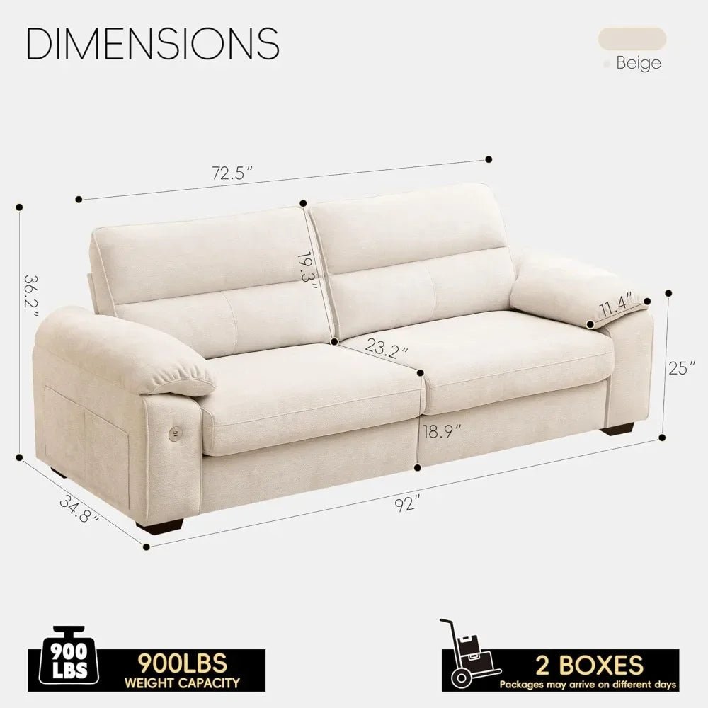 92" Modern Sofa for Living Room, Deep Seat Chenille Couch with Fast Charging Port & Removable Washable Cushions - Avero