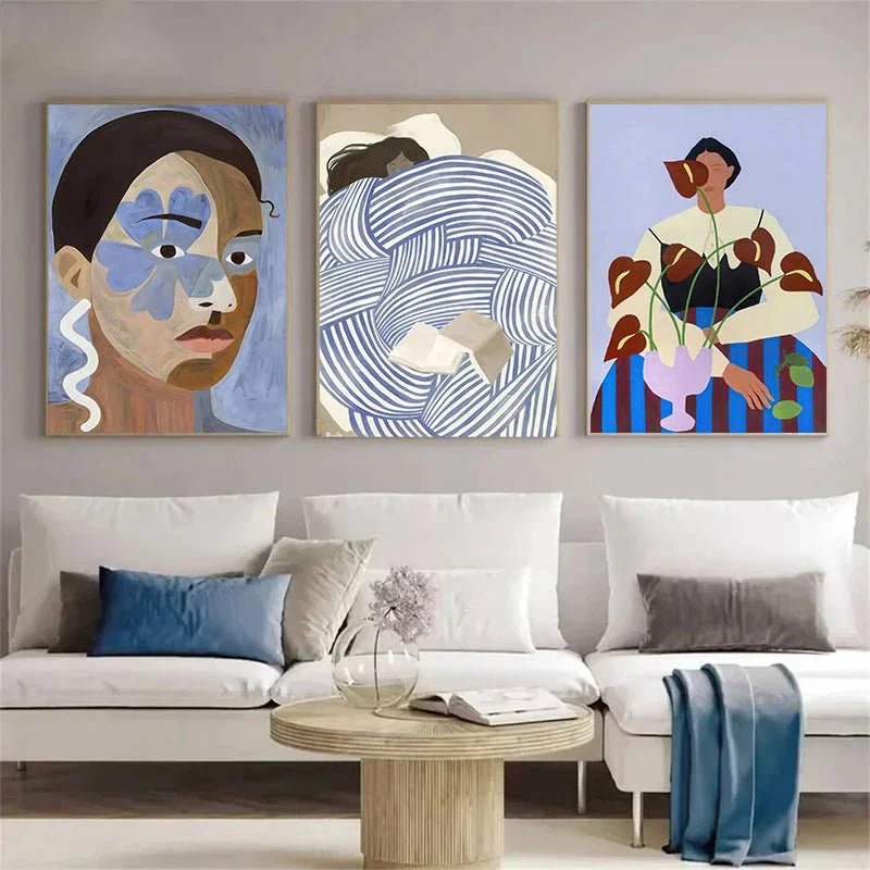 Abstract Line Face, Curve Striped Girl, Vase, Bird Canvas Painting Poster for Home Decor Living Room Wall Art for Bed Room - Avero