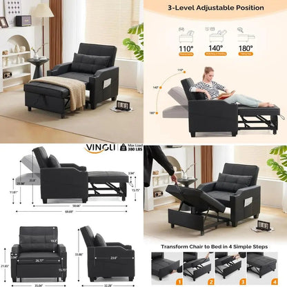 adjustable 3 - in - 1 convertible sofa bed with recliner, pull out couch, 2 usb ports, 2 cup holders, modern sleeper chair for livin - Avero