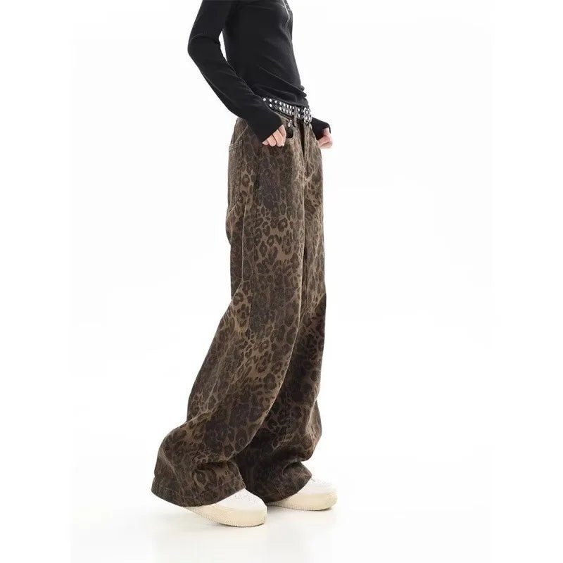 American vintage leopard print jeans female autumn winter new design sense small straight tube overalls casual pants - Avero