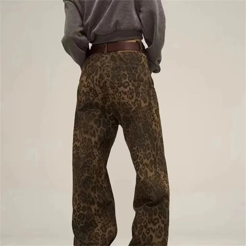 American vintage leopard print jeans female autumn winter new design sense small straight tube overalls casual pants - Avero