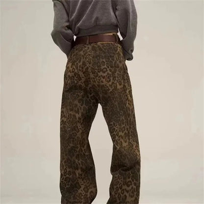 American vintage leopard print jeans female autumn winter new design sense small straight tube overalls casual pants - Avero