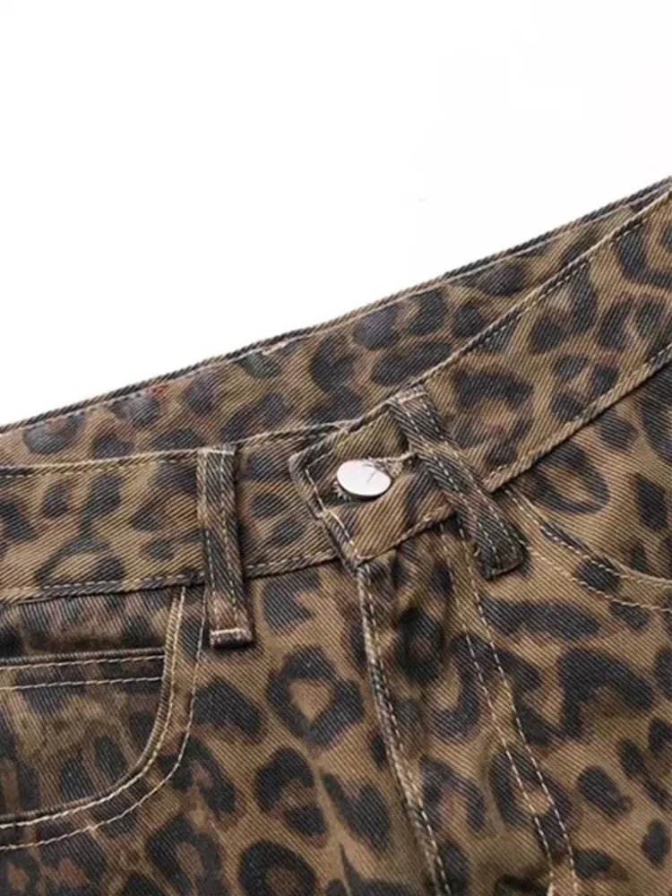 American vintage leopard print jeans female autumn winter new design sense small straight tube overalls casual pants - Avero