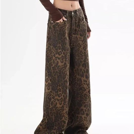 American vintage leopard print jeans female autumn winter new design sense small straight tube overalls casual pants - Avero