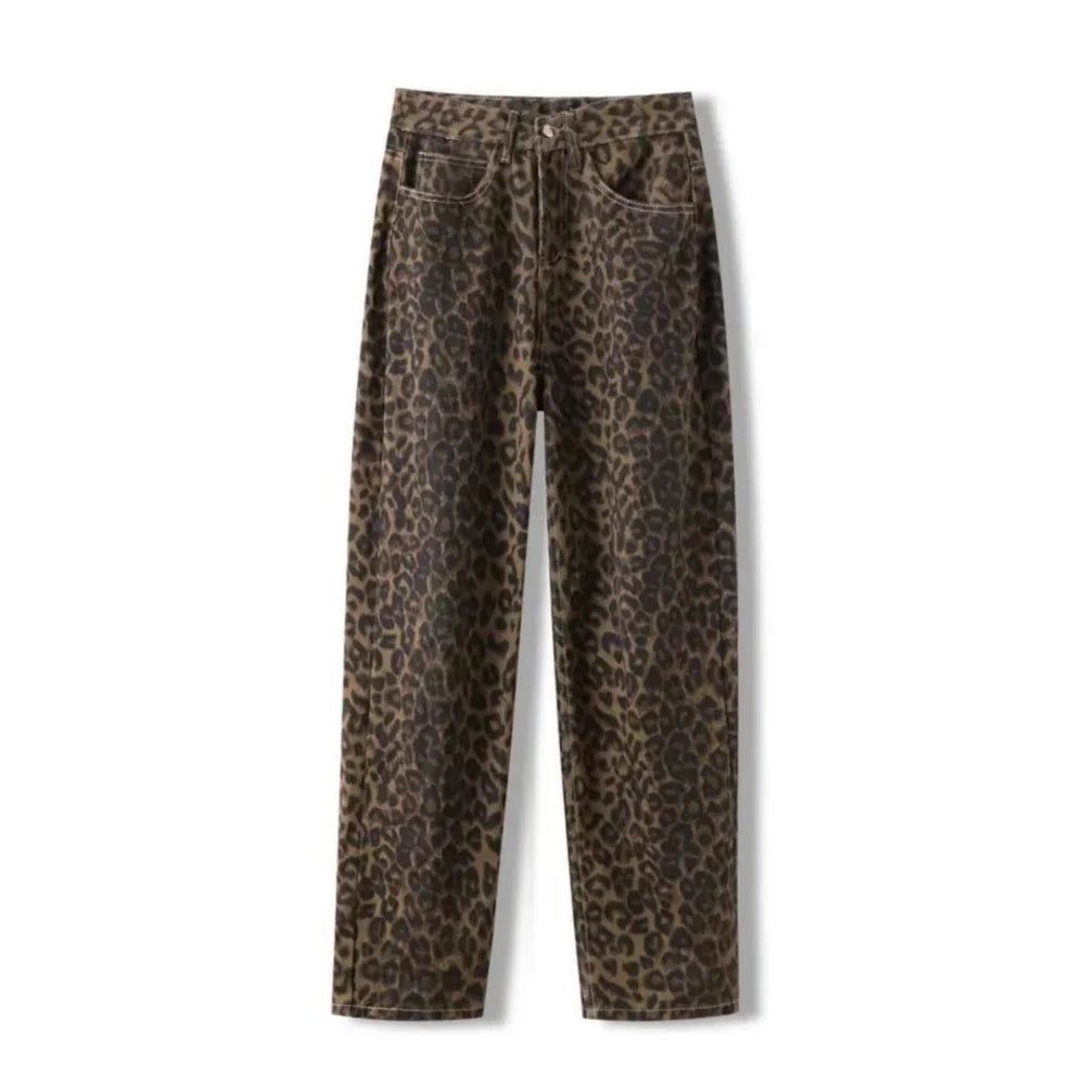 American vintage leopard print jeans female autumn winter new design sense small straight tube overalls casual pants - Avero