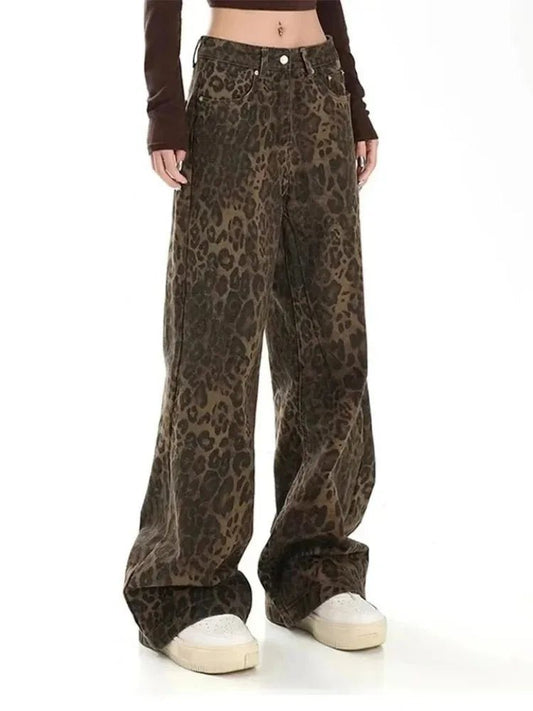 American vintage leopard print jeans female autumn winter new design sense small straight tube overalls casual pants - Avero
