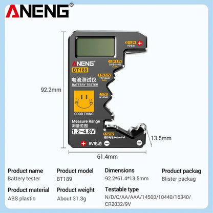 ANENG BT189 Button Cell Battery Tester Power Bank Detectors 9V N D C AA AAA Universal Household LCD Display Battery Tester Tools - Avero