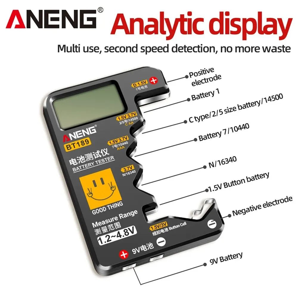 ANENG BT189 Button Cell Battery Tester Power Bank Detectors 9V N D C AA AAA Universal Household LCD Display Battery Tester Tools - Avero