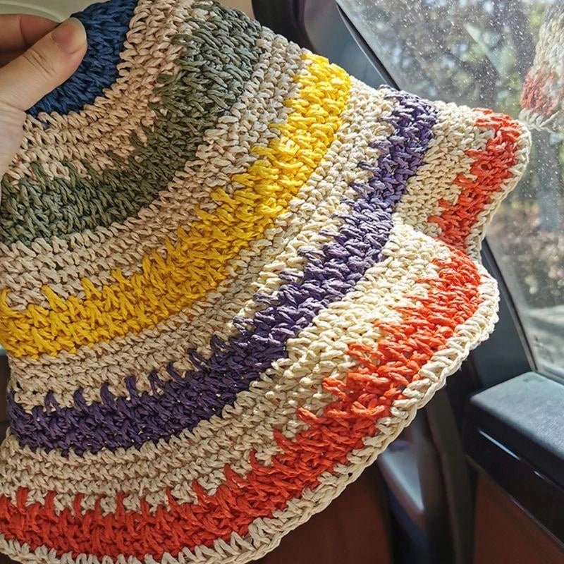 C63C Women Kids Girls Summer Crochet Woven Straw for Sun Hat Bright Rainbow Colorful Stripes Wide Brim Sunscreen Packable Bucket - Avero