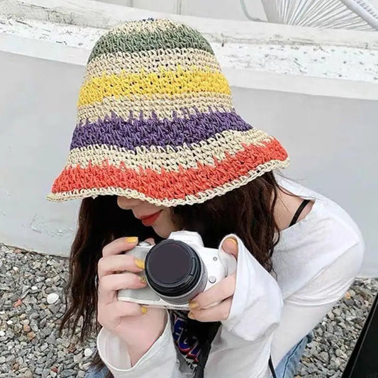 C63C Women Kids Girls Summer Crochet Woven Straw for Sun Hat Bright Rainbow Colorful Stripes Wide Brim Sunscreen Packable Bucket - Avero