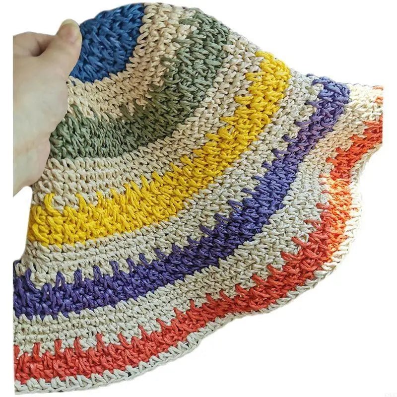 C63C Women Kids Girls Summer Crochet Woven Straw for Sun Hat Bright Rainbow Colorful Stripes Wide Brim Sunscreen Packable Bucket - Avero