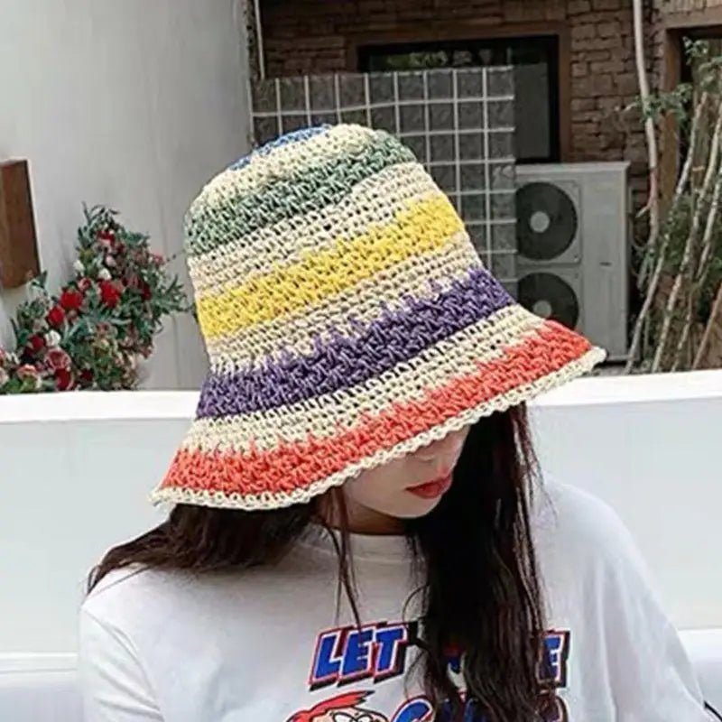 C63C Women Kids Girls Summer Crochet Woven Straw for Sun Hat Bright Rainbow Colorful Stripes Wide Brim Sunscreen Packable Bucket - Avero